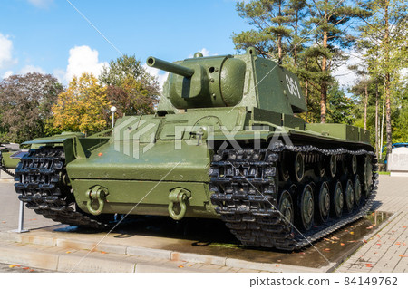 Russia. Leningrad region. September 10, 2021. The legendary KV-1 tank in an open area near the museum-panorama of the Leningrad Blockade Breakthrough. Russia. Leningrad region. September 10, 2021. The legendary KV-1 tank in an open area near the museum-panorama of the Leningrad Blockade Breakthrough. 84149762