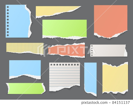 Color ripped paper strips. Realistic torn pieces of notepad pages, different layering of empty blank sheets, ragged shreds, uneven edges. Memo notes fragments vector isolated set 84151137