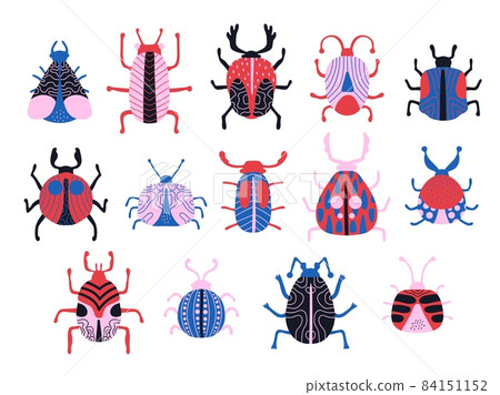 Trendy insects. Funny cute winged and horned bugs, colourful patterned little beetles and ladybug, doodle style characters red pink and blue colors, nature creatures, vector isolated set Trendy insects. Funny cute winged and horned bugs, colourful patterned little beetles and ladybug, doodle style characters red pink and blue colors, nature creatures, vector isolated set 84151152