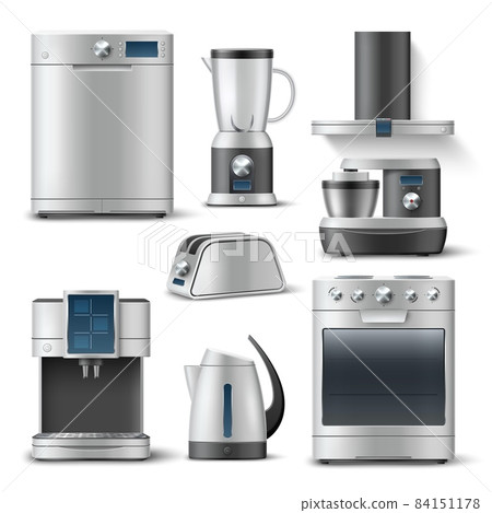 3D kitchen appliances. Realistic household equipment. Steel home electronics. Dishwasher and washing machine. Electric kettle and cooker with hood. Vector food preparing technics set 84151178