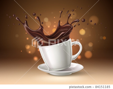 Coffee cup splash. Realistic porcelain saucer and espresso mug, black hot drink flow with drops, spilled beverage. Promotional advertising poster, ad banner template, vector isolated concept 84151185