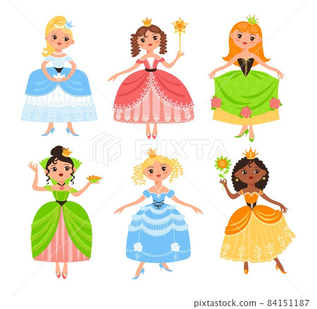 Cute princesses. Funny girls in lush beautiful dresses, young beauties, little queens with crowns, kids fabulous characters, fairy tale adorable children vector cartoon flat isolated set 84151187