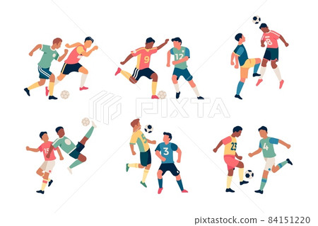 Fighting soccer players. Athletes dynamic poses, active struggle for ball, attempt kicking, football game moments, sport actions, goalkeeper sports uniform vector set 84151220