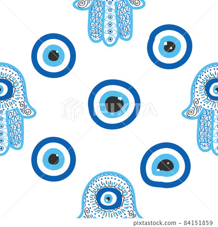 Hamsa eye, magical eye seamless pattern. Magic, witchcraft, occult symbol. Blue white golden eyes. Fabric textile wallpaper Hamsa eye, magical eye seamless pattern. Magic, witchcraft, occult symbol. Blue white golden eyes. Fabric textile wallpaper 84151859