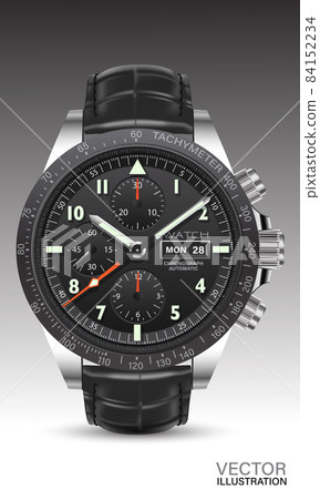 Realistic watch clock chronograph silver black red arrow white number text leather strap on grey background design classic luxury for men vector Realistic watch clock chronograph silver black red arrow white number text leather strap on grey background design classic luxury for men vector 84152234
