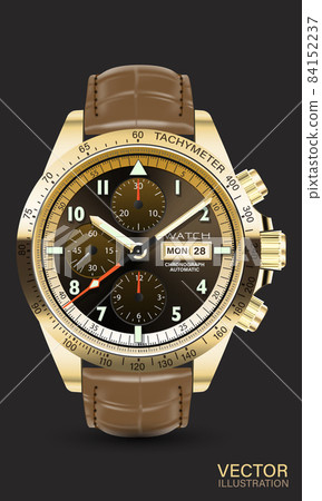 Realistic watch clock chronograph gold red arrow brown black white number text brown leather strap on grey background design classic luxury for men vector 84152237