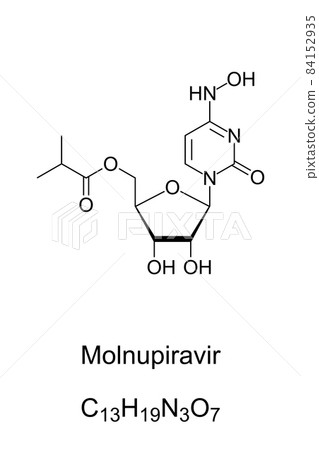 Molnupiravir, chemical formula and skeletal structure. Antiviral medication. Inhibits the replication of certain RNA viruses. Prodrug of the synthetic nucleoside derivative N4-hydroxycytidine. Vector. 84152935