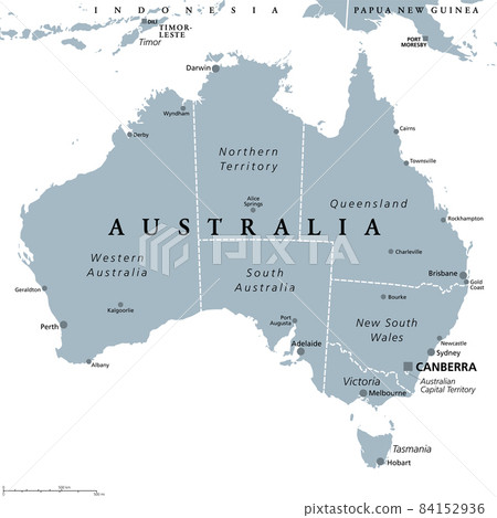 Australia, gray political map, with capital Canberra, internal administrative boundaries, and most important cities. Officially the Commonwealth of Australia, a sovereign country. Illustration. Vector 84152936