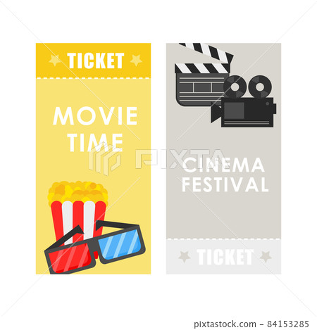 Cinema concept poster or ticket template with popcorn and cinema equipment Cinema concept poster or ticket template with popcorn and cinema equipment 84153285