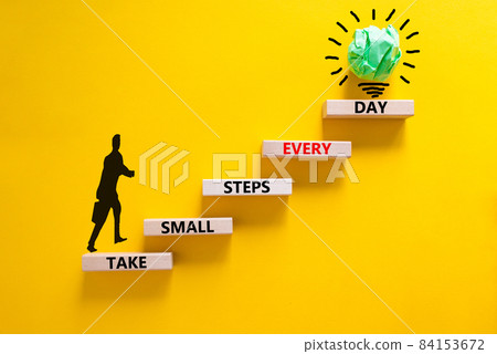 Take small steps every day symbol. Wooden blocks with words Take small steps every day. Beautiful yellow background, copy space. Businessman icon, light bulb. Business, step every day concept. 84153672