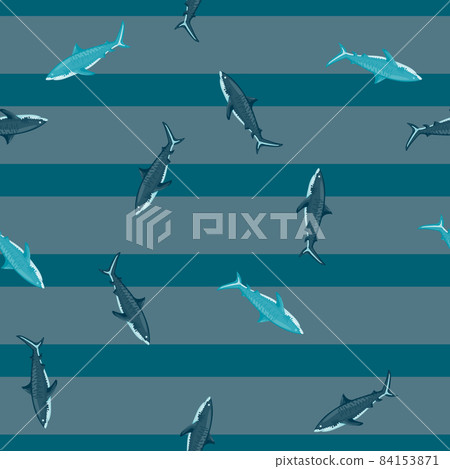 Seamless pattern Tiger shark on striped gray teal background. Texture of marine fish for any purpose. Seamless pattern Tiger shark on striped gray teal background. Texture of marine fish for any purpose. 84153871