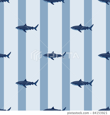 Seamless pattern Tiger shark on striped blue background. Texture of marine fish for any purpose. 84153921
