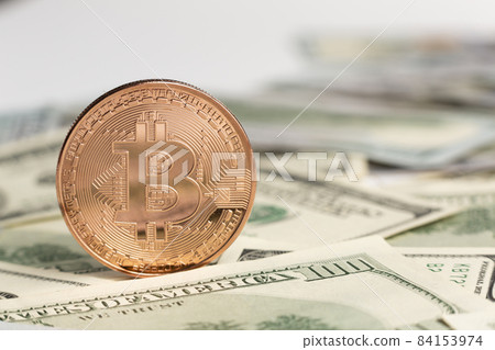 copper bitcoin top dollar bills. High quality beautiful photo concept 84153974