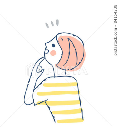 A smiling woman looking diagonally upwards with her finger on her chin A smiling woman looking diagonally upwards with her finger on her chin 84154239