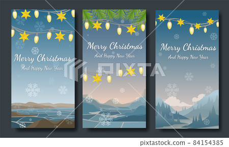 Merry Christmas greeting cards, landscape concept of greeting, Vector design element. Merry Christmas greeting cards, landscape concept of greeting, Vector design element. 84154385