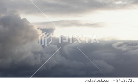Slow motion birds flying in front of cloudscape with sunset light Slow motion birds flying in front of cloudscape with sunset light 84155723