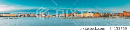 Helsinki, Finland. Panoramic View Of Kanavaranta Street And Uspenski Cathedral And Pohjoisranta Street In Winter Day 84155769