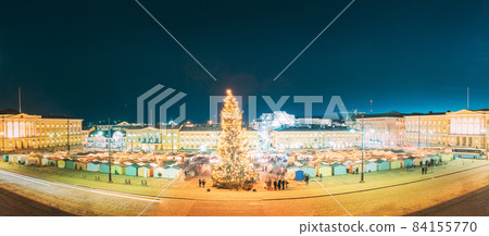 Helsinki, Finland. Christmas Xmas Market With Christmas Tree On Senate Square In Evening Night Illuminations. Panorama, panoramic view 84155770