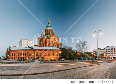 Helsinki, Finland. Uspenski Cathedral In Evening Illuminations Lights. Eastern Orthodox Cathedral Dedicated To Dormition Of The Theotokos - Virgin Mary 84155771