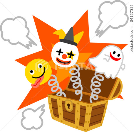 小丑和鬼魂從寶箱形狀的驚喜盒中冒出來 84157535