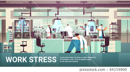 stressed overworked researcher sleeping at workplace tired upset scientist having work stress hospital lab interior stressed overworked researcher sleeping at workplace tired upset scientist having work stress hospital lab interior 84159900