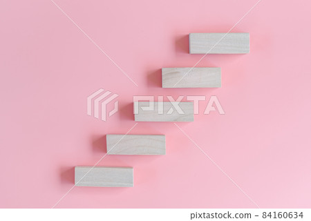 Step Strategic Target Plan and Goal Vision Concepts, Wooden Stair Steps on Isolated Pink Background. Management Trend Marketing for Success Project. Direction Steps to Business Success and Development 84160634