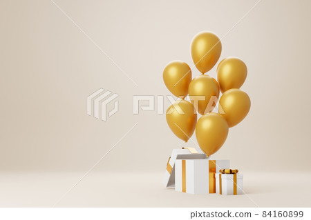 Open white gift box with gold ribbon and balloon on luxury creamy background Open white gift box with gold ribbon and balloon on luxury creamy background 84160899