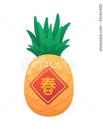 一個鳳梨隔絕在白色背景,中國農曆新年元素,卡通漫畫向量,文字翻譯:春天 84162400