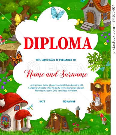 Kids diploma cartoon fairytale carrot, oak, stump, mushroom houses and dwellings. Vector certificate for school or kindergarten with fairy, dwarf, hobbit, gnome or elf fantasy homes in summer forest 84163404