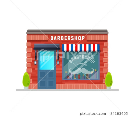Barbershop service building storefront facade. Gentleman hairdresser salon, barber shop storefront with awning and scissors and mustaches sticker on window. City architecture, local business building 84163405