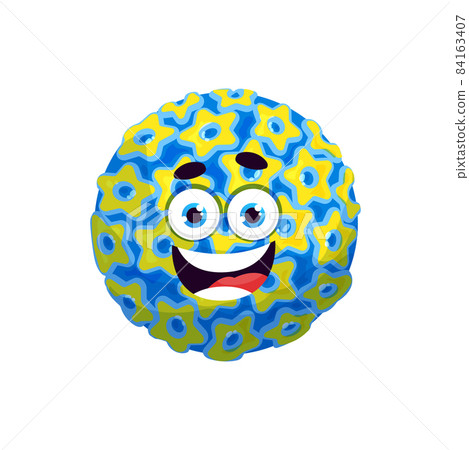 Cartoon coronavirus character with funny face. Vector corona virus, bacteria or germ cell with toothy laughing facial expression. Isolated smiling pathogen microbe monster with big eyes and pimples Cartoon coronavirus character with funny face. Vector corona virus, bacteria or germ cell with toothy laughing facial expression. Isolated smiling pathogen microbe monster with big eyes and pimples 84163407