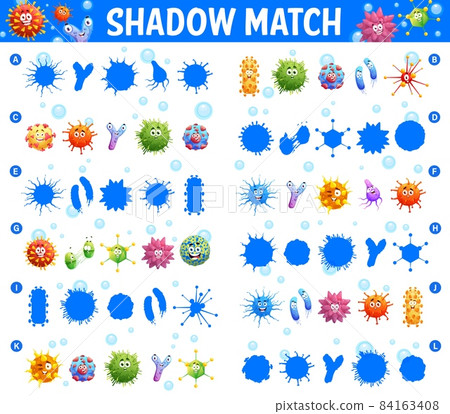 Shadow match maze game with cartoon viruses, microbes and pathogen cells smiling characters. Children education puzzle with matching task, child find shadow riddle and kids playing activity worksheet Shadow match maze game with cartoon viruses, microbes and pathogen cells smiling characters. Children education puzzle with matching task, child find shadow riddle and kids playing activity worksheet 84163408