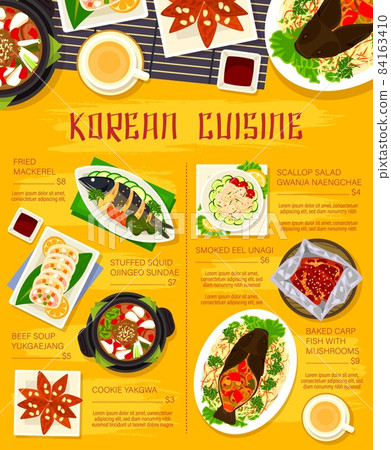 Korean food menu, lunch or dinner restaurant dishes vector poster. Korean traditional food and national cuisine meals scallop salad, beef soup and baked carp fish with stuffed squid and fried mackerel Korean food menu, lunch or dinner restaurant dishes vector poster. Korean traditional food and national cuisine meals scallop salad, beef soup and baked carp fish with stuffed squid and fried mackerel 84163410