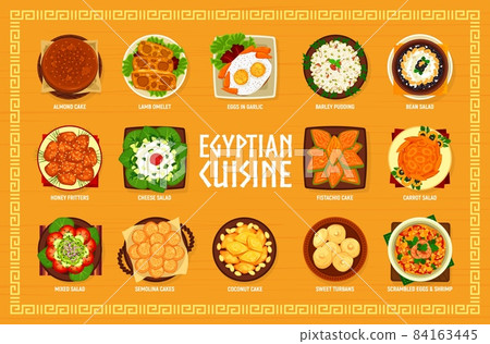 Egyptian cuisine menu page. Coconut, almond and semolina cakes, lamb omelet, eggs in garlic and honey fritters, pudding, sweet turbans and scrambled eggs, salads with cheese and beans, pistachios cake 84163445