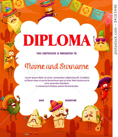 Mexican cuisine chef diploma with cartoon mexican tacos, burrito and quesadilla, nachos, avocado and churro, jalapeno pepper. Children education diploma, vector certificate template with mexican meals Mexican cuisine chef diploma with cartoon mexican tacos, burrito and quesadilla, nachos, avocado and churro, jalapeno pepper. Children education diploma, vector certificate template with mexican meals 84163446
