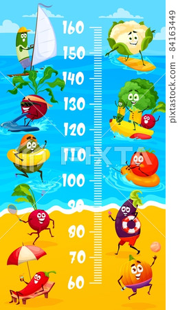Funny vegetables on summer vacation. Kids height chart, growth measure meter. Vector wall sticker scale with cartoon avocado, pepper, tomato and eggplant, cabbage and veggie characters on beach Funny vegetables on summer vacation. Kids height chart, growth measure meter. Vector wall sticker scale with cartoon avocado, pepper, tomato and eggplant, cabbage and veggie characters on beach 84163449