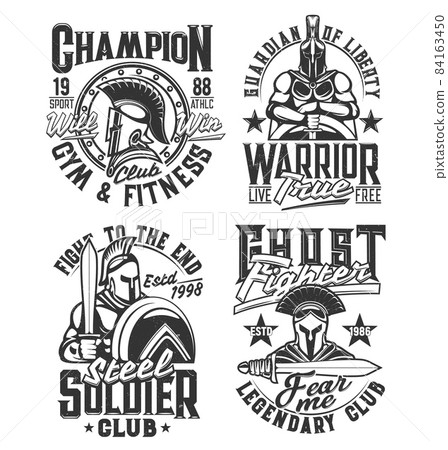 Spartans, gladiators and Romans t-shirt prints. Gym, fitness and fighting club apparel custom design vector prints with ancient greek warriors in armor, armed xiphos short sword and shied Spartans, gladiators and Romans t-shirt prints. Gym, fitness and fighting club apparel custom design vector prints with ancient greek warriors in armor, armed xiphos short sword and shied 84163450