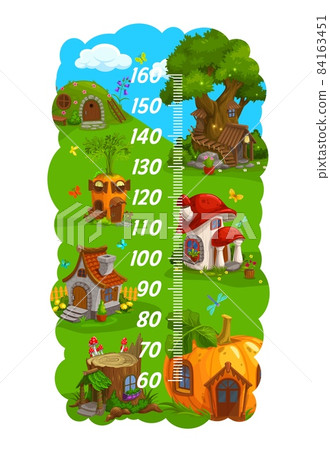 Kids height chart. Gnome, elf and wizard cartoon home dwellings. Vector growth measure meter wall sticker for children height measure with fantasy carrot, pumpkin, stump and tree houses Kids height chart. Gnome, elf and wizard cartoon home dwellings. Vector growth measure meter wall sticker for children height measure with fantasy carrot, pumpkin, stump and tree houses 84163451