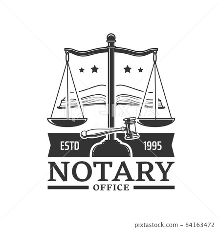 Notary service and attorney office icon. Lawyer agency, notary firm monochrome vector stamp, retro emblem and icon with scales of justice, judge gavel or mallet, opened bible book Notary service and attorney office icon. Lawyer agency, notary firm monochrome vector stamp, retro emblem and icon with scales of justice, judge gavel or mallet, opened bible book 84163472