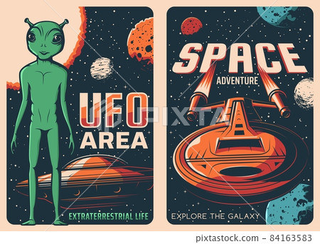 UFO area and spaceship retro posters. Alien life, space exploration adventure and galaxy travel Sci-Fi poster, vector vintage banner with extraterrestrial creature, flying saucer and future spacecraft UFO area and spaceship retro posters. Alien life, space exploration adventure and galaxy travel Sci-Fi poster, vector vintage banner with extraterrestrial creature, flying saucer and future spacecraft 84163583