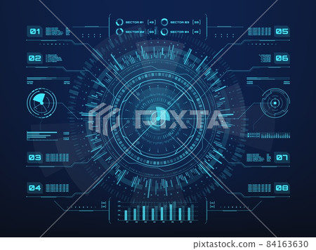 Futuristic infographics of HUD ui interface, vector visual business data charts and information graphs. Digital screen hologram of circular diagram with dashboard panel statistics info bars 84163630