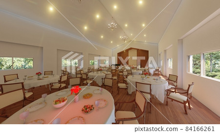 Wedding church, triangular roof, no people, window curtains open 84166261