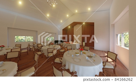 Wedding church, triangular roof, no people, window curtains open 84166262