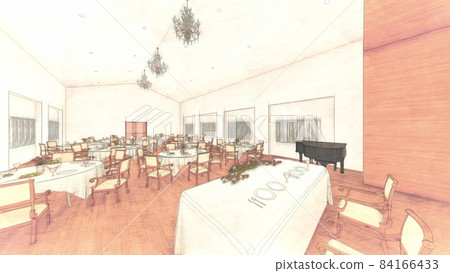 Wedding church, triangular roof, no people, window curtains close 84166433