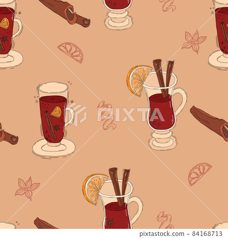 Seamless pattern with Christmas mulled wine. glass with hot cocktail with slice of orange and spices - cinnamon sticks, cardamom, citrus peel on light beige background. Vector illustration Seamless pattern with Christmas mulled wine. glass with hot cocktail with slice of orange and spices - cinnamon sticks, cardamom, citrus peel on light beige background. Vector illustration 84168713