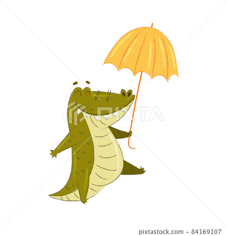 Cute Crocodile Character Walking with Yellow Umbrella Vector Illustration 84169107