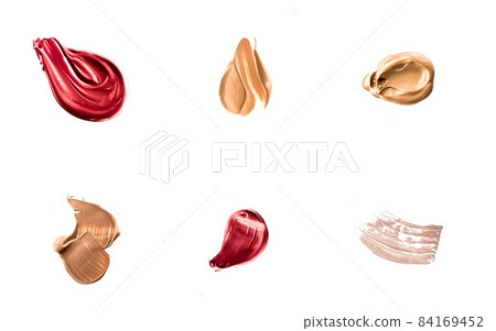 Set of art brush strokes or cosmetic makeup samples isolated on white background Set of art brush strokes or cosmetic makeup samples isolated on white background 84169452