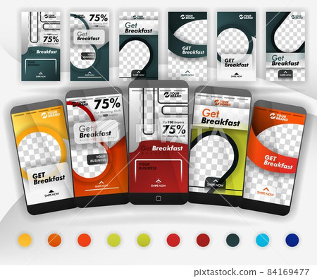 five social media swipe templates with 10+ colors including smartphone suitable mockup for food business, online promotion, internet marketing and advertising, can use for, landing page, templates, 84169477