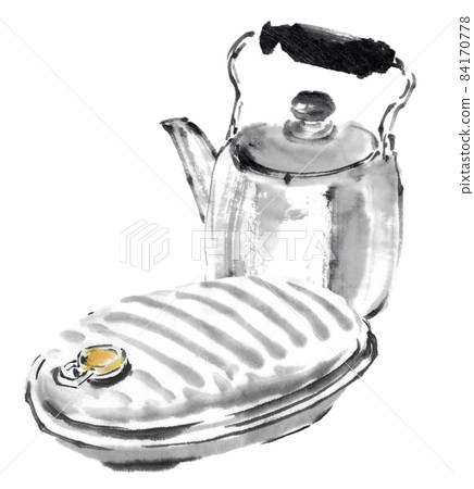 Kettle and hot water bottle drawn by ink painting technique 84170778