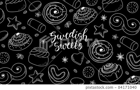 Swedish sweets black and white background with calligraphy. Bakery decor. Vector. 84171040